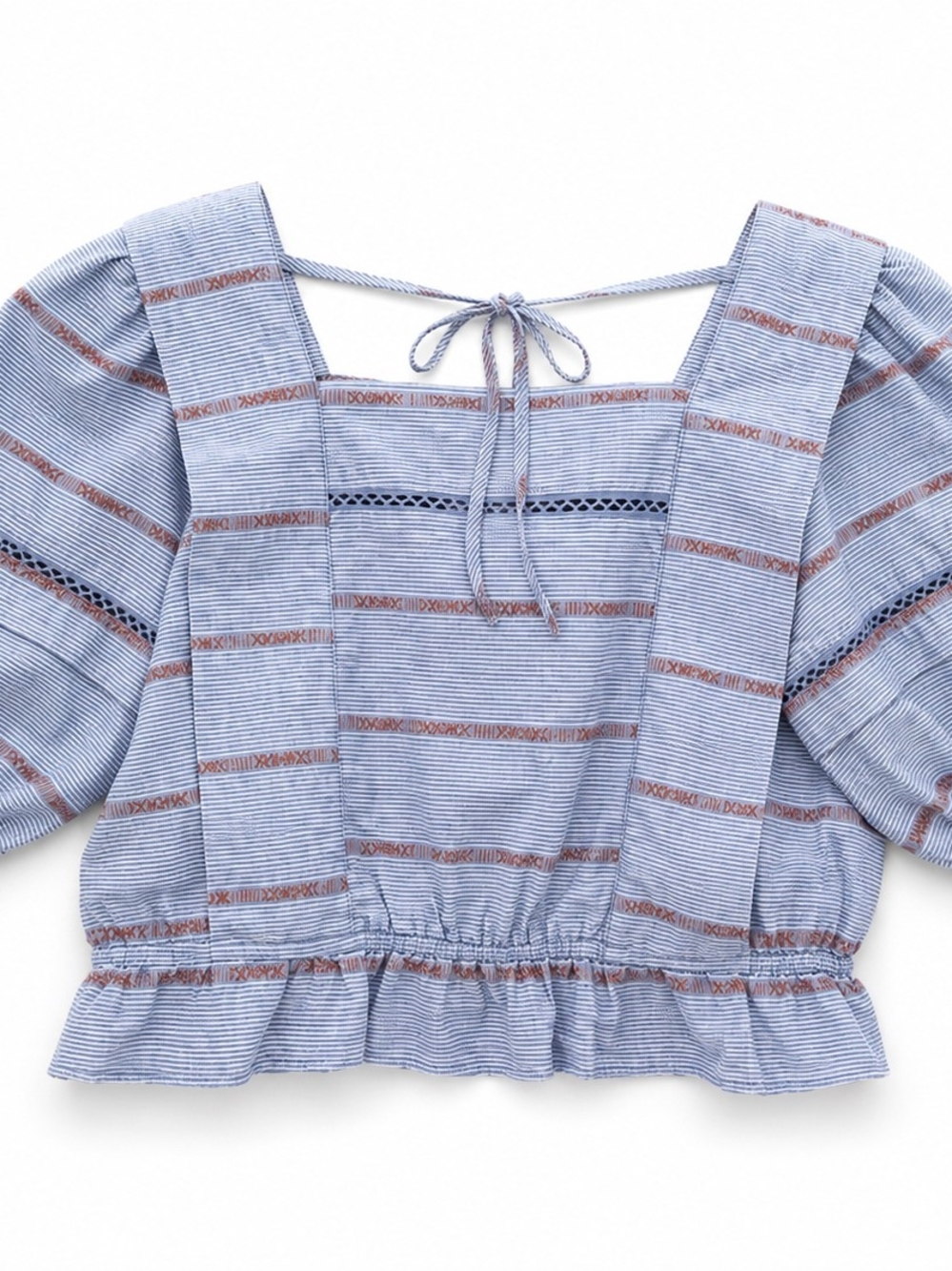 Square-Neck Blue Striped Puff-Sleeve Crop Top